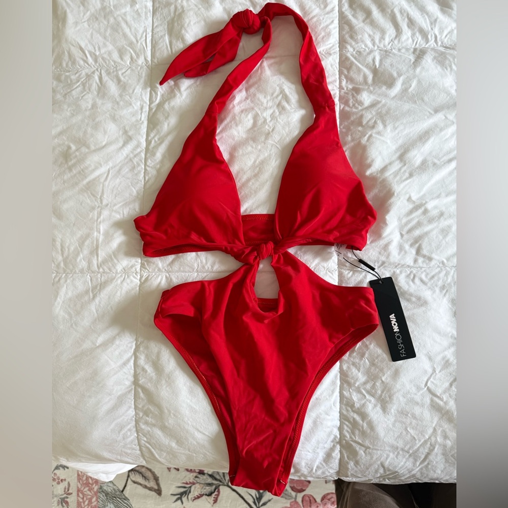 Fashion Nova Cherry Red Tie-Front Cutout One-Piece